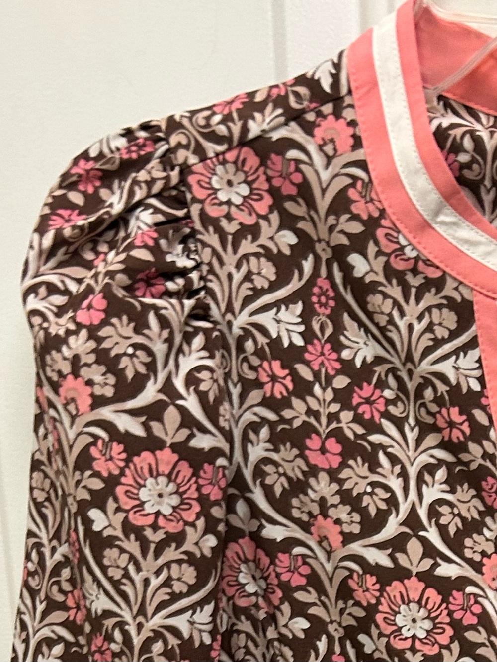 Mary Square Coral & Brown Floral Top with Coral & White Banded Neckline - Picture 15 of 16